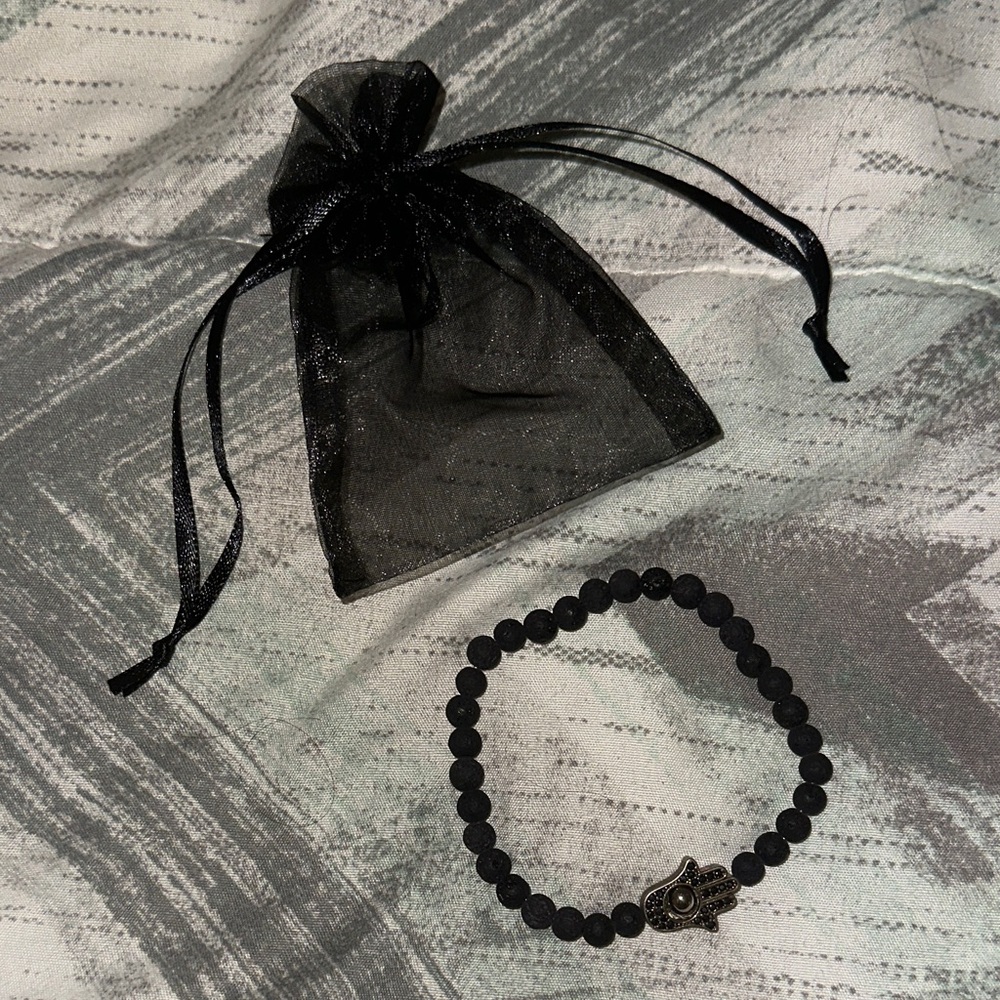 Black Beaded Hamsa Charm Stretch Bracelet